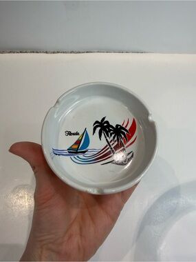 Vintage Florida Souvenir Ceramic Ashtray | Retro Sailboat & Palm Trees
